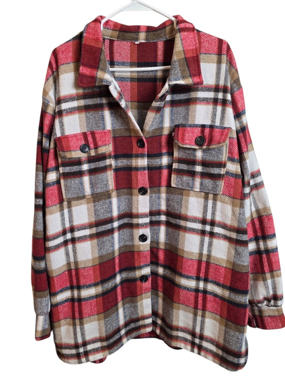 Unbranded Wool Blend Plaid Shacket 2XL Red Tan Button Oversized Cottagecore